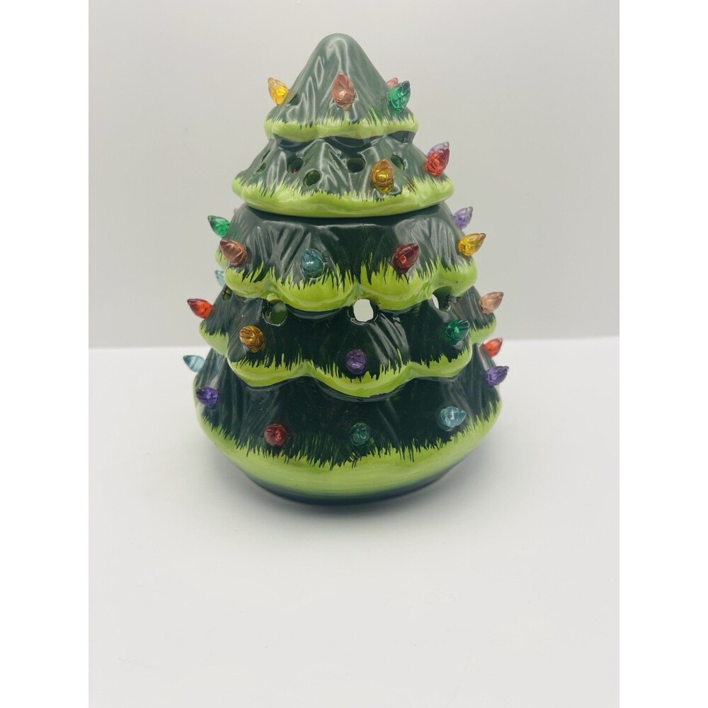 7” Ceramic Christmas Tree Tealight Candle Holder Green Lighted Holiday